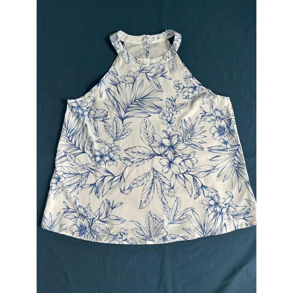 Cupshe Womens XL Blue White Tropical Floral Halter Neck Keyhole Blouse Top